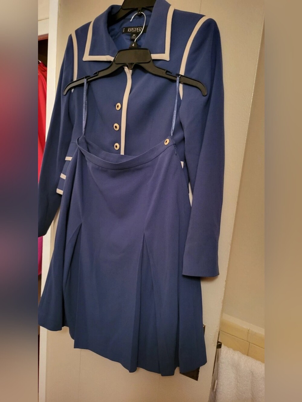 KASPER set skirt suit petite size 4 blue white trim nwot